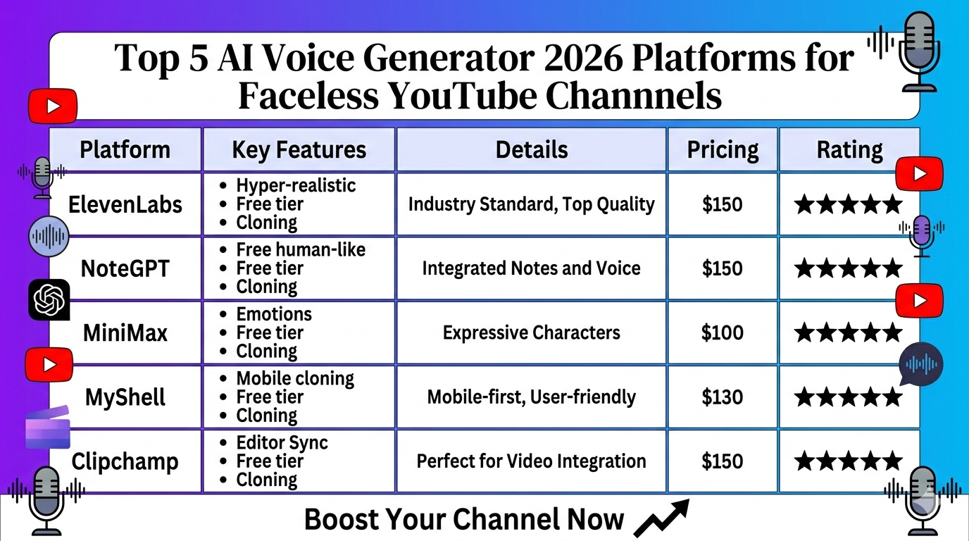 Top 5 AI Voice Generator 2026 Platforms for Faceless YouTube Channels
